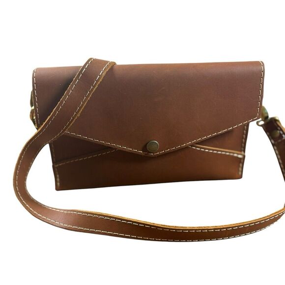 Portland Leather Works Purse Womens Brown Small Stitched Envelope Crossbody New - Picture 7 of 14
